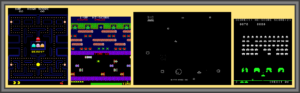 An image depicting some of the very earliest video games I ever played. From left to right: Pac-Man, a game about eating pellets and ghosts, Frogger, a game about crossing a road - as a frog, Asteroids, a game about surviving in space in an asteroid field and Space Invaders, a game where you were earth's last hope, repelling invaders...from space!