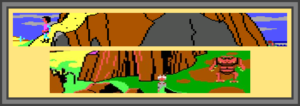 An image showing a pair of old Sierra games. The top half of the image is devoted to King's Quest 3, in it, the hero Gwydion is walking down a treacherous pathway to a valley where he might find items to aid his quest. In the bottom half of the image, we have Roger Wilco, the protagonist of Space Quest, battling against a Spider Droid [which explodes on impact] and an Orat, a strange, rather violent creature that lives on the planet Kerona.