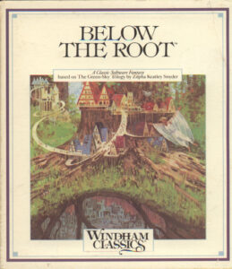 This is the cover of Below The Root, for the PC. The picture depicts the land of Green-Sky which exists on two planes: an upper plain, which is beautiful and serene and a lower plane, which looks dour and frightening. There is also a person floating down from on high to the little village depicted above-ground.