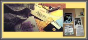 An image showing a (doctored by Infocom) set of "feelies" - out-of-game items that were there to make you feel "connected" to the game that came in the box. In the case of Wishbringer - the game on display here, you get the Wishbringer itself (a stone), a map, an envelope containing a clue, a manual and a disk. Compare that with Thexder, also depicted here. You literally just got /just/ the game, the disk and the manual.