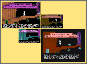 There are three versions of Below the Root I could play. In this image, I show off one screen from each, noting the differences in colour. In each screenshot, the player is controlling a character that's walking along a tree. To the left of them is a ladder that they can climb. A few lines of text proclaim that this is a game with artwork by Bill Groetzinger. There's also a little bit of introductory text that reads: "Seek everywhere, from the thin fronds of the roof-trees to the dark tunnles that lie below the root. Escape the lurking evil of Nekom and Salite." In SOME versions of the screenshot, there's also a little monkey-like creature peeking in from the right hand side of the screen.