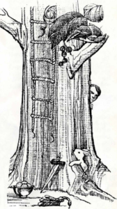This is a picture from the manual depicting a fairly bucolic and woodsy scene with a ladder stretching from on high down to some tools on the ground. A little rabbit peeks in from the right, possibly wondering what the Kindar or Erdling is up to.
