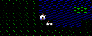While playing Ultima 3, the player will encounter various places on the map as represented by squares that the player character can step on. I've shown a spot at the beginning of the game, with some grass and water, but also a towne [the game's name for them] and a Castle. In this picture, I've just got here, so I haven't made a note of what the name of the Castle is and what the name of the towne might be.