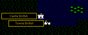 While playing Ultima 3, the player will encounter various places on the map as represented by squares that the player character can step on. I've shown a spot at the beginning of the game, with some grass and water, but also a towne [the game's name for them] and a Castle. In this picture, I've gone ahead and notated which place names I've encountered. [Castle British for the Castle and Towne British for the town.]