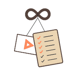 The TIP logo featuring an infinity symbol, stylized as a spot to hang both a play button and a checklist from. All of these are connected with some rope.